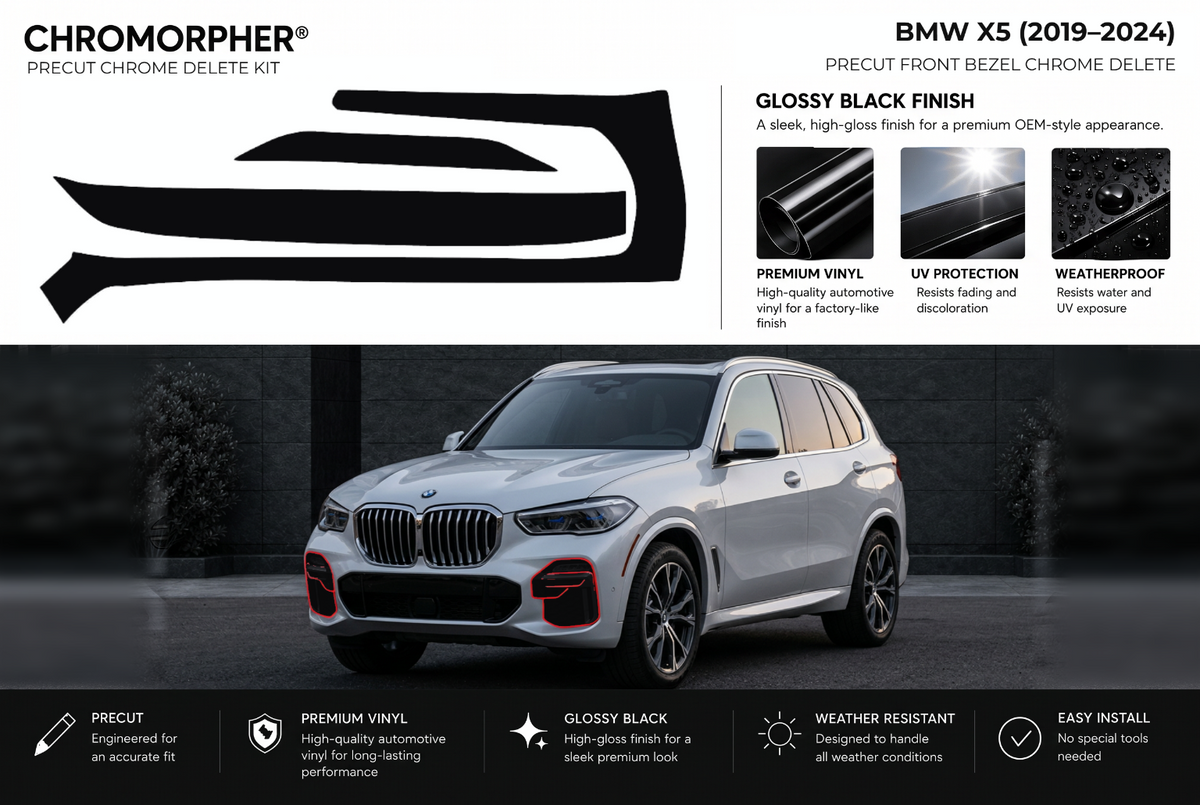 ChroMorpher BMW X5 front bezels precut chrome delete kit (2019–2024) showing the precut vinyl pieces and the trim area outlined in red.
