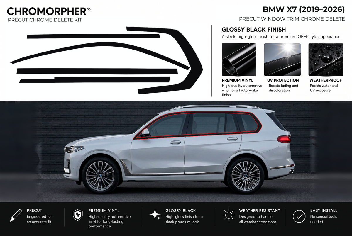 ChroMorpher BMW X7 window trim precut chrome delete kit (2019–2026) showing the precut vinyl pieces and the trim area outlined in red.