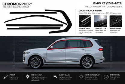 ChroMorpher BMW X7 window trim precut chrome delete kit (2019–2026) showing the precut vinyl pieces and the trim area outlined in red.