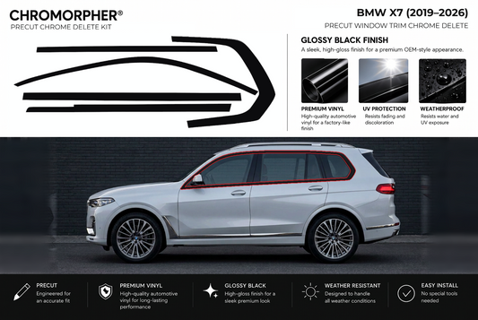 ChroMorpher BMW X7 window trim precut chrome delete kit (2019–2026) showing the precut vinyl pieces and the trim area outlined in red.