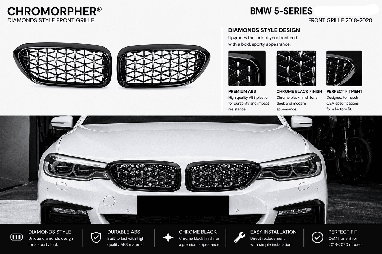Chromorpher BMW 5-Series G30/G31/G38 front grille kit shown with a white BMW sedan on a dark studio background, plus three grille close-ups and feature callouts for diamonds style design, chrome black finish, premium ABS, and perfect fitment.