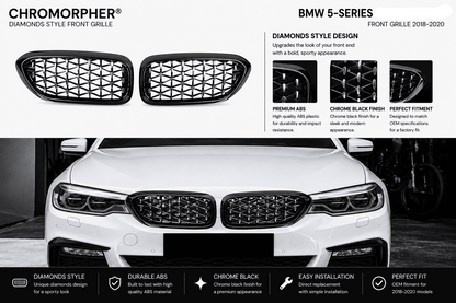 Chromorpher BMW 5-Series G30/G31/G38 front grille kit shown with a white BMW sedan on a dark studio background, plus three grille close-ups and feature callouts for diamonds style design, chrome black finish, premium ABS, and perfect fitment.