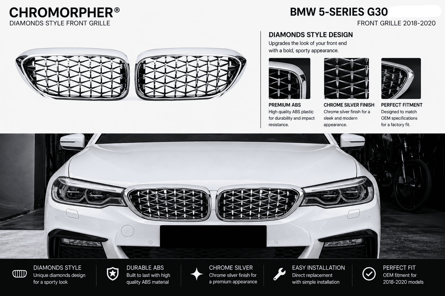 Chrome silver front grille kit for BMW 5-Series G30/G31/G38, featuring a pair of diamond-patterned chrome grilles at the top and a black-and-white photo of a white BMW with the installed grille at the bottom. Includes feature callouts and installation benefits.