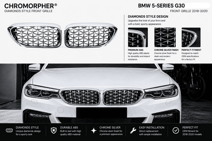 Chrome silver front grille kit for BMW 5-Series G30/G31/G38, featuring a pair of diamond-patterned chrome grilles at the top and a black-and-white photo of a white BMW with the installed grille at the bottom. Includes feature callouts and installation benefits.