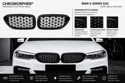 Chromorpher BMW 5-Series G30 front grille kit shown with two black mesh grilles above a white BMW front end on a dark promotional background with feature callouts.