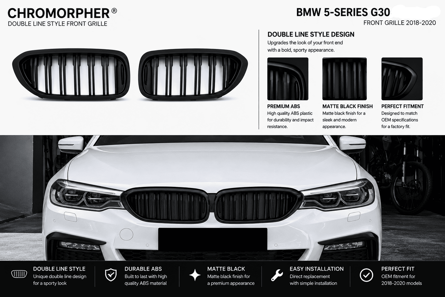 Chromorpher double line style front grille kit for BMW 5-Series G30/G31/G38, shown with two black grille pieces above a white BMW front grille on a dark background, with feature callouts and text panels.