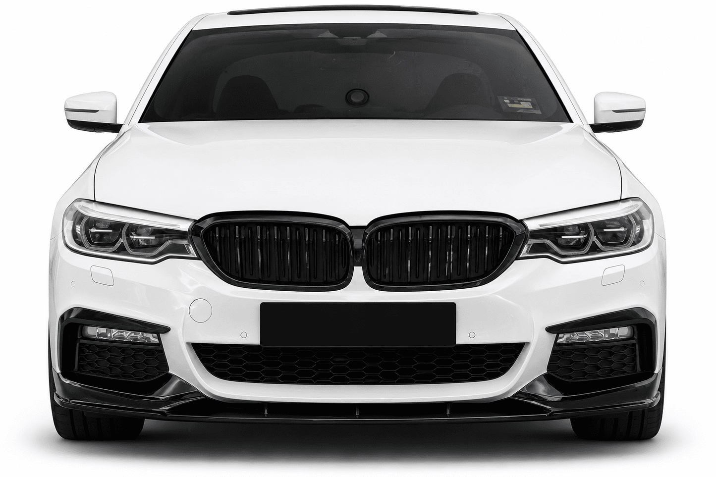 A white BMW sedan shown from the front on a clean white background, featuring a black kidney grille and black front bumper details.