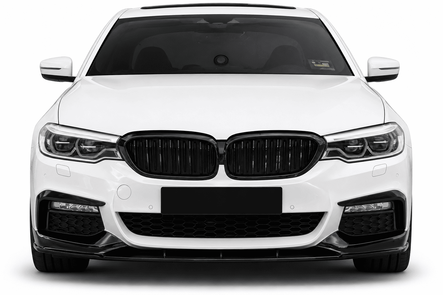 A white BMW sedan shown from the front on a clean white background, featuring a black kidney grille and black front bumper details.