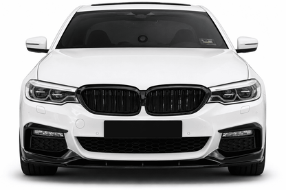 A white BMW sedan shown from the front on a clean white background, featuring a black kidney grille and black front bumper details.