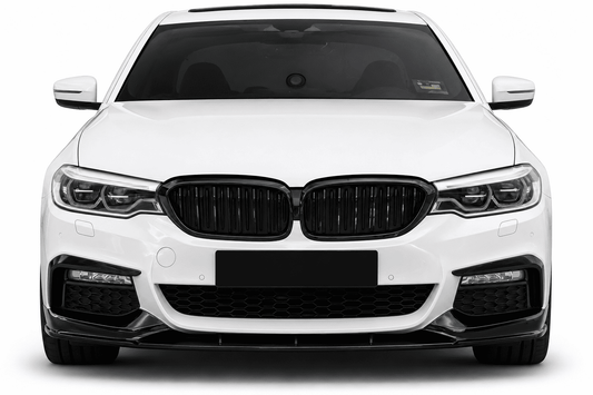 A white BMW sedan shown from the front on a clean white background, featuring a black kidney grille and black front bumper details.