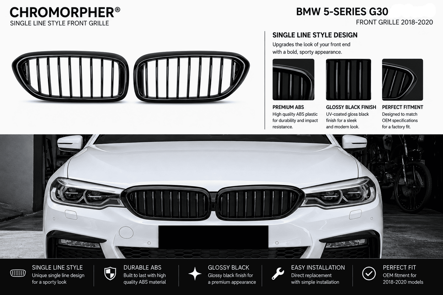 Black single-line front grille kit for BMW 5-Series G30, shown with two grille cutouts above a white BMW front grille on a dark promotional graphic background with feature callouts.