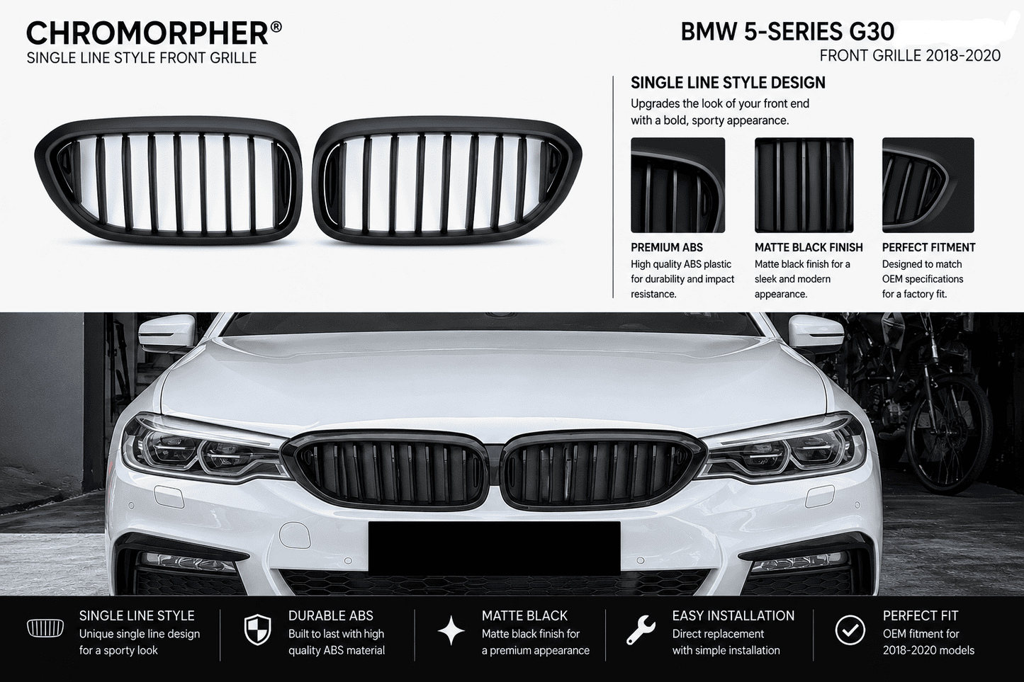 Black single-line front grille kit for BMW 5-Series G30/G31/G38, shown with two grille pieces on a white car front and marketing text on a dark background.