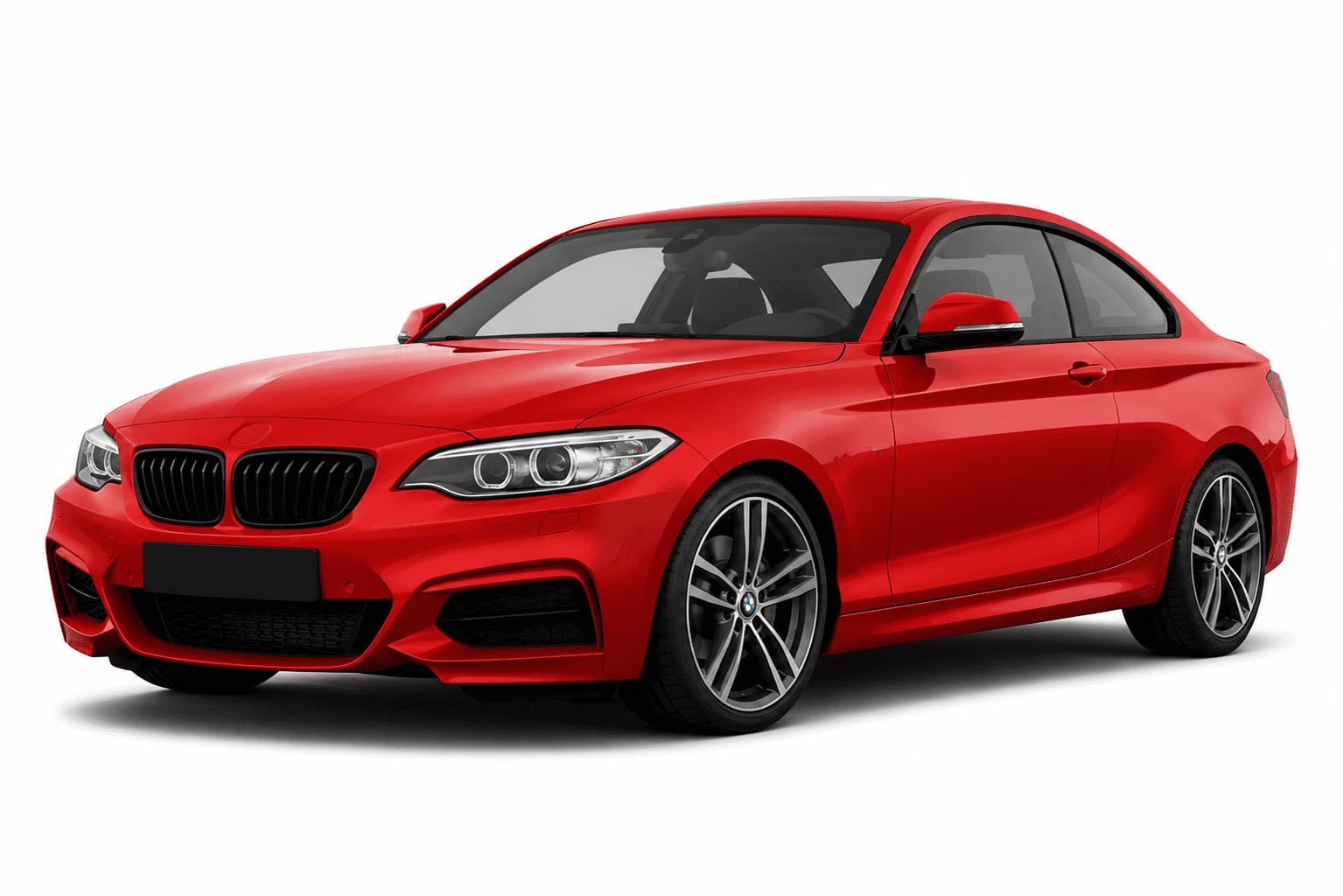 A red BMW 2 Series coupe with black kidney grilles and multi-spoke alloy wheels, shown from a three-quarter front angle on a white background.