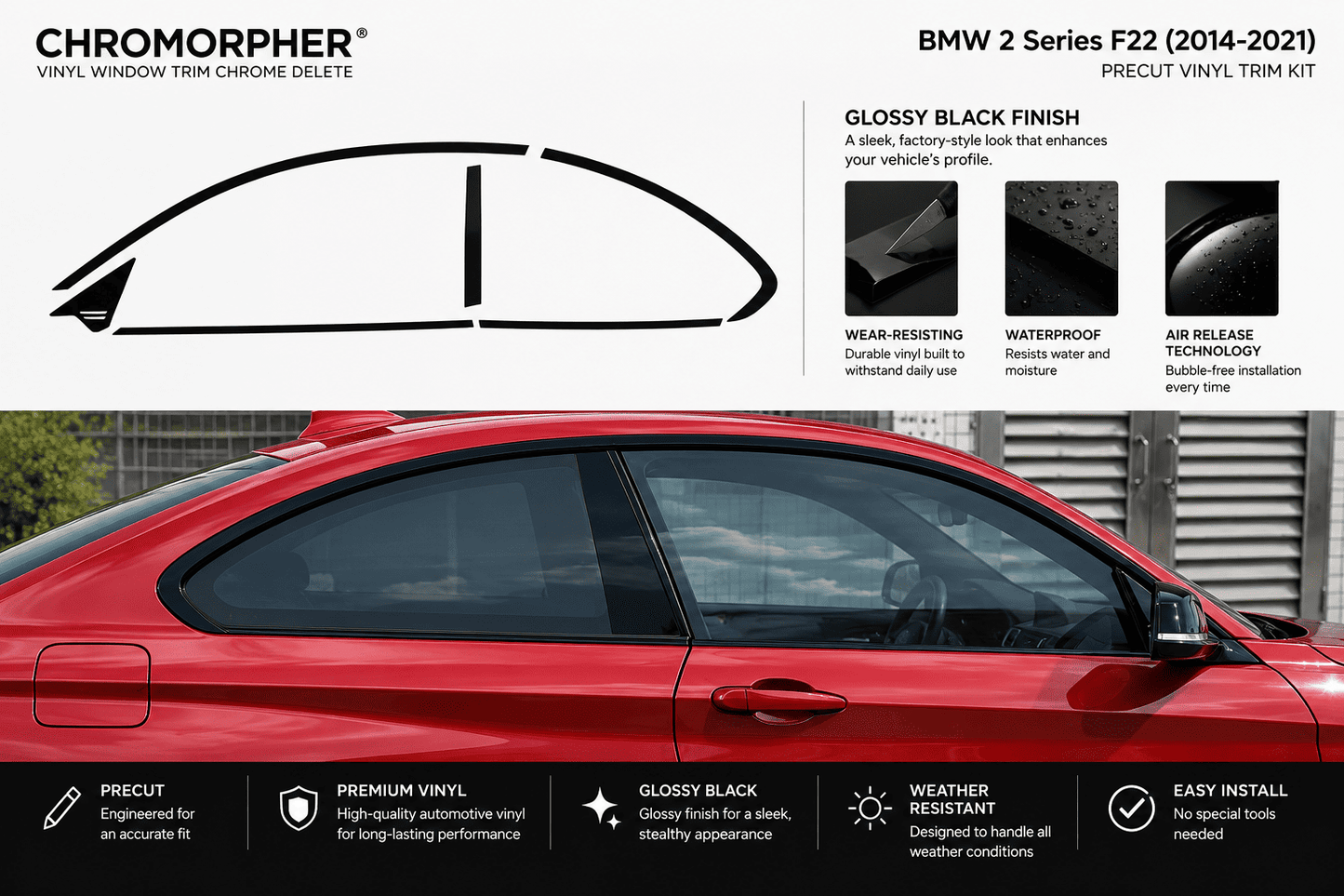 Promotional graphic for the Chromorpher BMW 2 Series F22 (2014-2021) Precut Vinyl Trim Kit. The top half features the Chromorpher logo, a black vinyl trim silhouette graphic, feature callouts for glossy black finish, wear resistance, waterproofing, and air release technology.