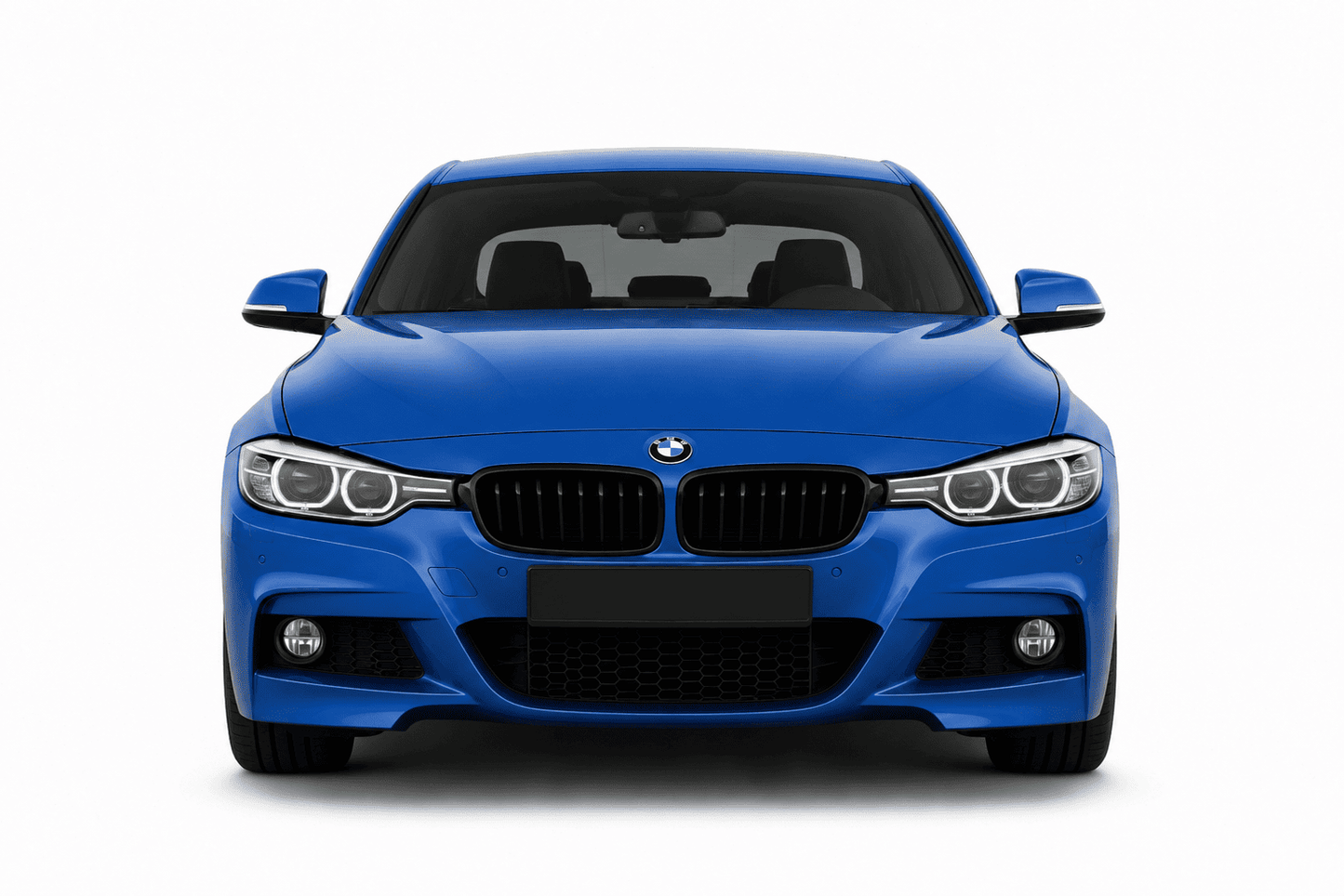 Front view of a blue BMW 4 Series sedan on a clean white background.