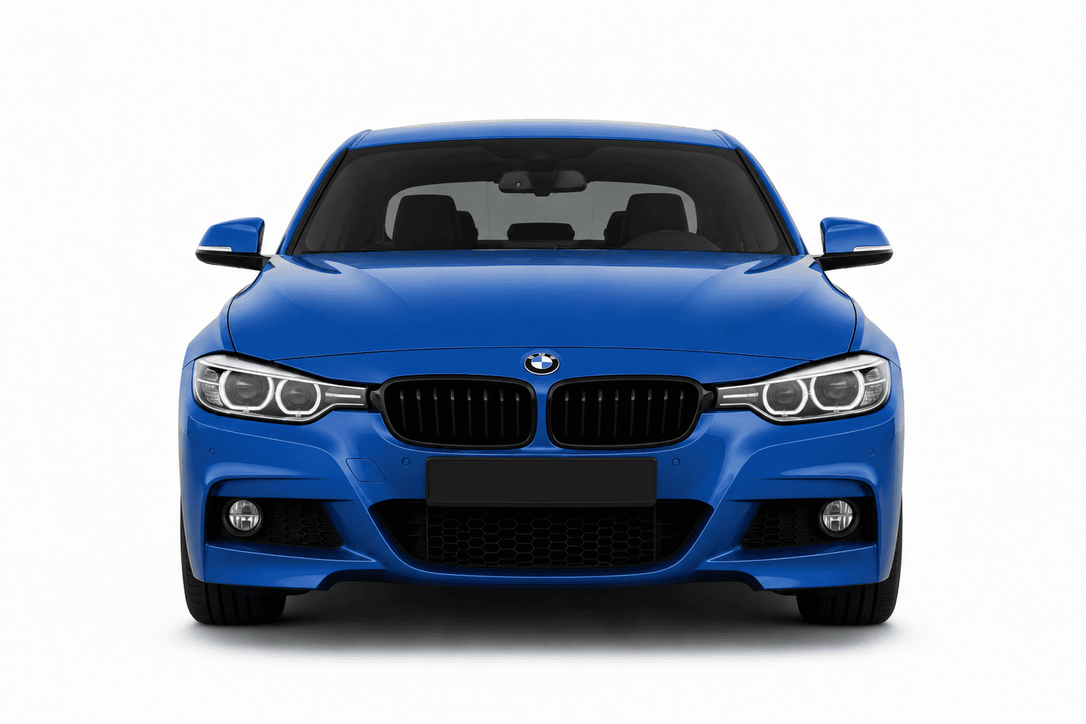 Front view of a blue BMW 4 Series sedan on a clean white background.