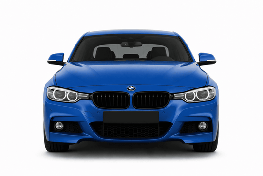 Front view of a blue BMW 4 Series sedan on a clean white background.