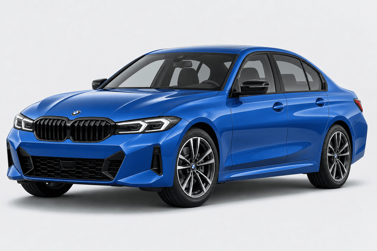 A blue BMW sedan photographed in a clean studio setting with a light gray background. The front grille, headlights, side windows, and alloy wheels are clearly visible.