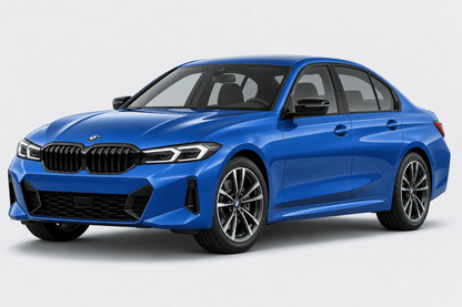A blue BMW sedan photographed in a clean studio setting with a light gray background. The front grille, headlights, side windows, and alloy wheels are clearly visible.