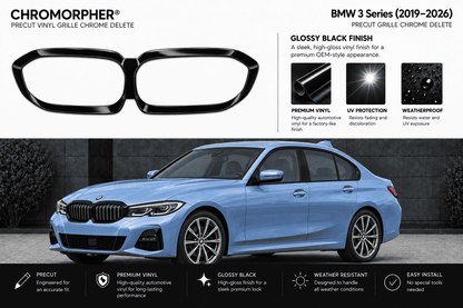 Chromapher BMW 3 Series precut vinyl grille chrome delete kit shown on a light blue sedan, with product details, gloss black finish benefits, and feature icons on a white and dark gray background.