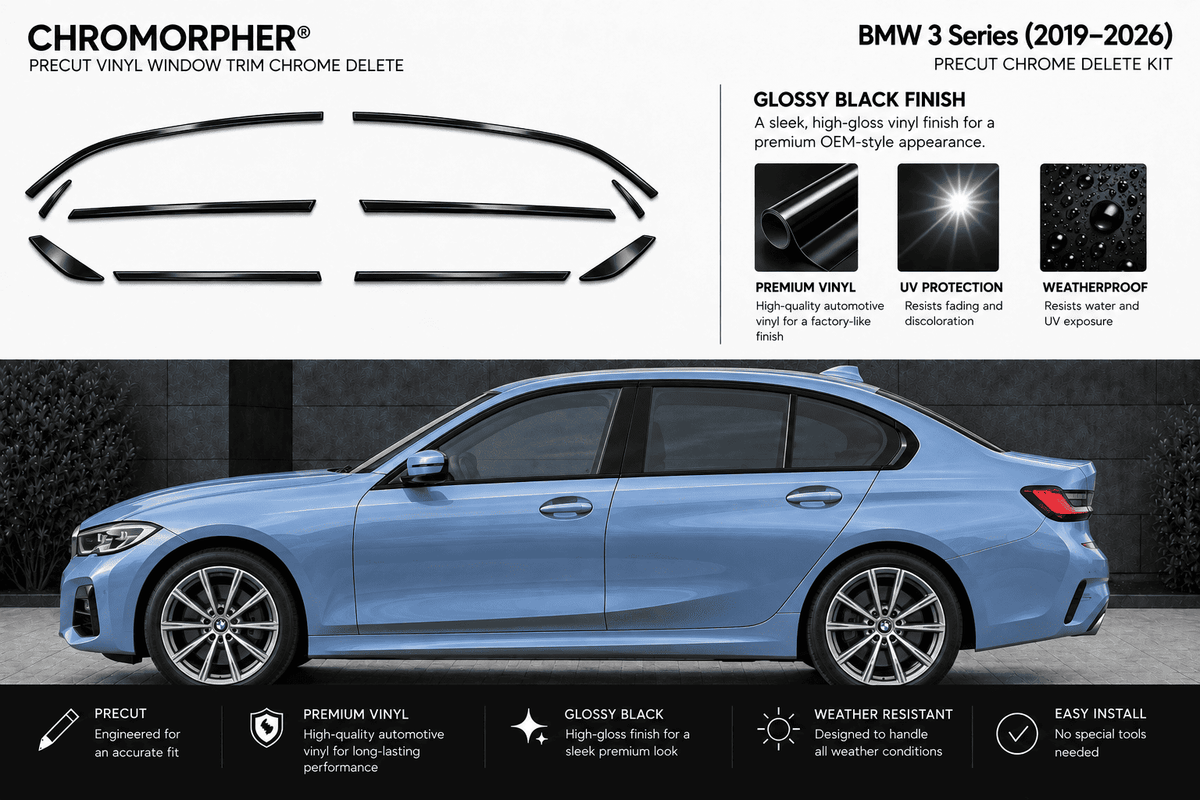 Chromorpher BMW 3 Series 2019-2026 Precut Vinyl Window Trim Chrome Delete Kit, featuring a gloss black finish. The image shows the chrome delete trim pieces at the top, product features, a blue BMW 3 Series car at the bottom, and feature icons.