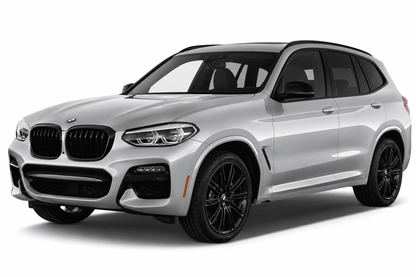 A silver BMW X3 SUV with black wheels, shown from a three-quarter front angle on a clean white background.