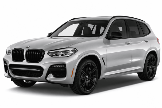 A silver BMW X3 SUV with black wheels, shown from a three-quarter front angle on a clean white background.