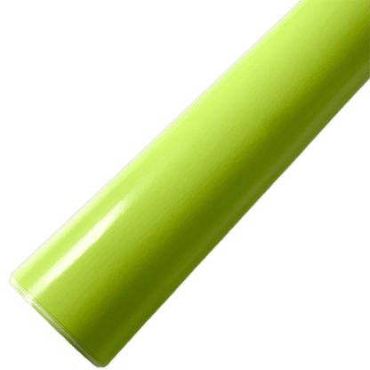 A single roll of ChroMorpher Lime Gloss Vinyl featuring a vibrant lime-green color and a shiny, high-gloss finish, ideal for creating striking designs on interior and exterior surfaces.