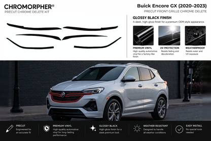 ChroMorpher Buick Encore GX front precut chrome delete kit (2020–2023) showing the precut vinyl pieces and the trim area outlined in red.