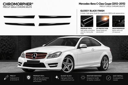 Chromorphor Mercedes-Benz C-Class Coupe grille chrome delete kit shown on a white sedan with a black background, featuring product cutout previews, gloss black finish details, and feature callouts.