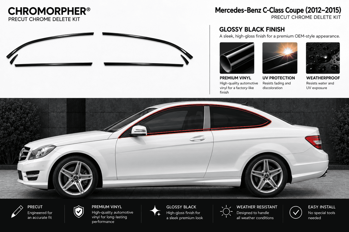 Chromorpher Mercedes-Benz C-Class Coupe precut chrome delete kit shown with two curved chrome strip pieces above a white Mercedes-Benz C-Class Coupe, with feature callouts and installation benefits on a dark studio-style background.