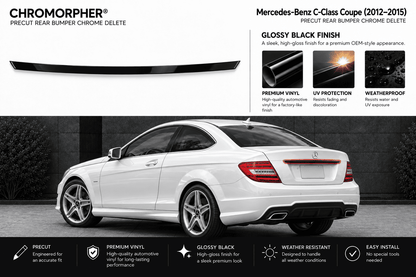 A white Mercedes-Benz C-Class Coupe is shown on a dark outdoor background with a black rear bumper lip accessory displayed above it. The image includes marketing text for the CHROMOMORPHER precut rear bumper chrome delete, glossy black finish, UV protection, weatherproof, and easy install features.