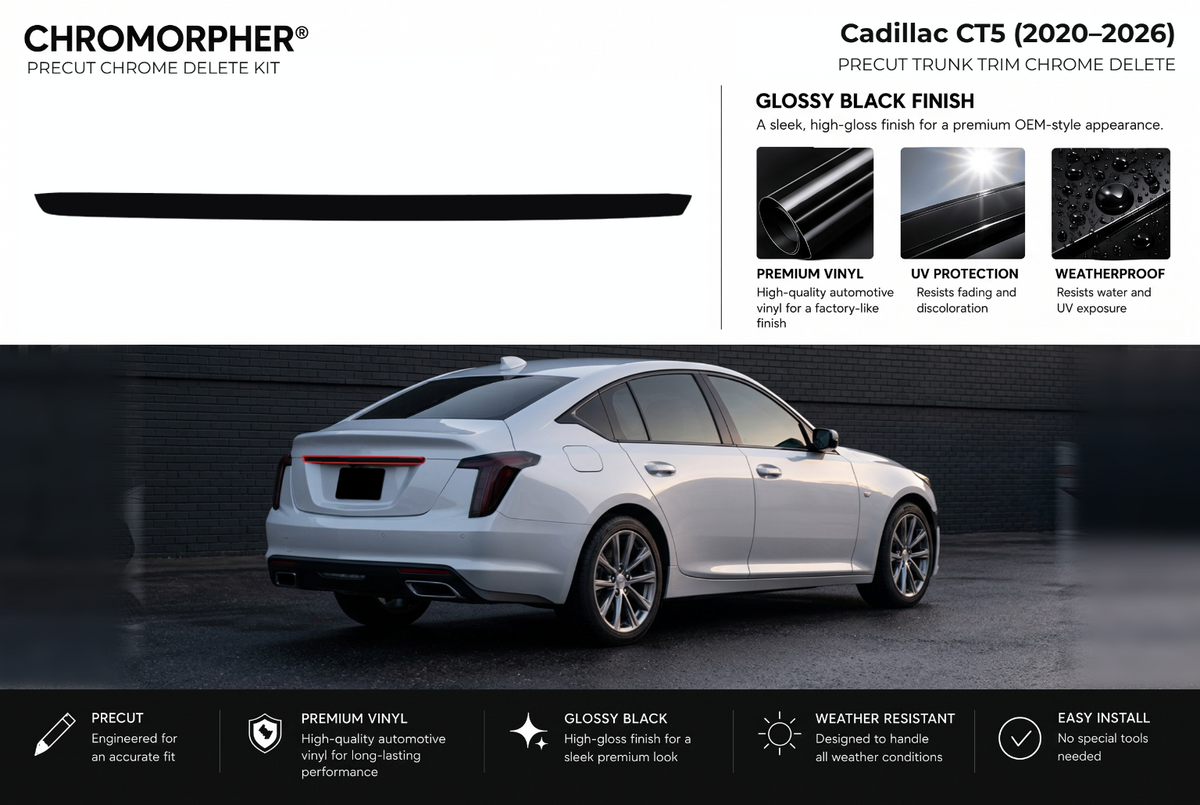 ChroMorpher Cadillac CT5 trunk precut chrome delete kit (2020–2026) showing the precut vinyl pieces and the trim area outlined in red.