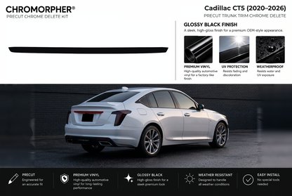 ChroMorpher Cadillac CT5 trunk precut chrome delete kit (2020–2026) showing the precut vinyl pieces and the trim area outlined in red.