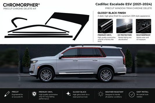 ChroMorpher Cadillac Escalade ESV window trim precut chrome delete kit (2021–2024) showing the precut vinyl pieces and the trim area outlined in red.