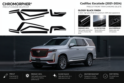 ChroMorpher Cadillac Escalade front precut chrome delete kit (2021–2024) showing the precut vinyl pieces and the trim area outlined in red.