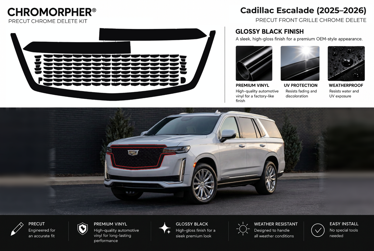 ChroMorpher Cadillac Escalade front precut chrome delete kit (2025–2026) showing the precut vinyl pieces and the trim area outlined in red.