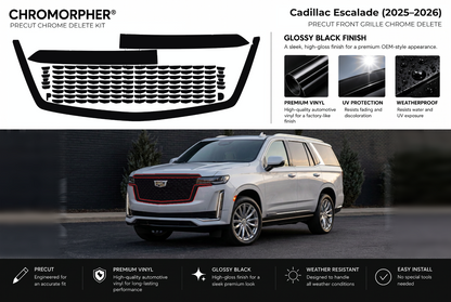 ChroMorpher Cadillac Escalade front precut chrome delete kit (2025–2026) showing the precut vinyl pieces and the trim area outlined in red.