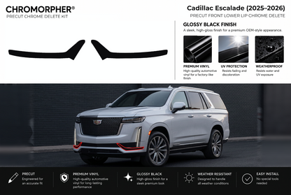 ChroMorpher Cadillac Escalade front lower lip precut chrome delete kit (2025–2026) showing the precut vinyl pieces and the trim area outlined in red.