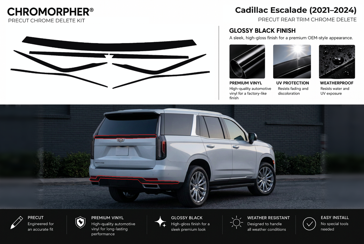 ChroMorpher Cadillac Escalade rear precut chrome delete kit (2021–2024) showing the precut vinyl pieces and the trim area outlined in red.