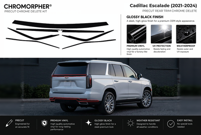 ChroMorpher Cadillac Escalade rear precut chrome delete kit (2021–2024) showing the precut vinyl pieces and the trim area outlined in red.