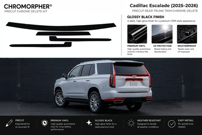 ChroMorpher Cadillac Escalade rear trunk precut chrome delete kit (2025–2026) showing the precut vinyl pieces and the trim area outlined in red.