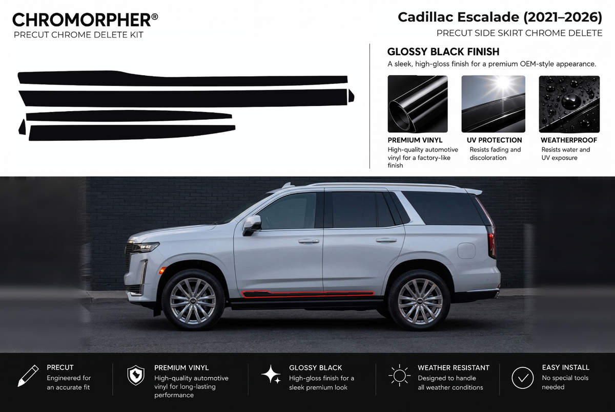 ChroMorpher Cadillac Escalade side skirts precut chrome delete kit (2021–2026) showing the precut vinyl pieces and the trim area outlined in red.