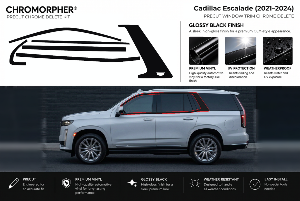 ChroMorpher Cadillac Escalade window trim precut chrome delete kit (2021–2024) showing the precut vinyl pieces and the trim area outlined in red.