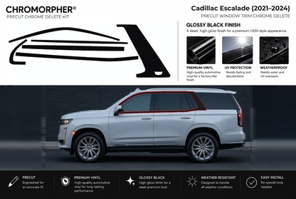 ChroMorpher Cadillac Escalade window trim precut chrome delete kit (2021–2024) showing the precut vinyl pieces and the trim area outlined in red.