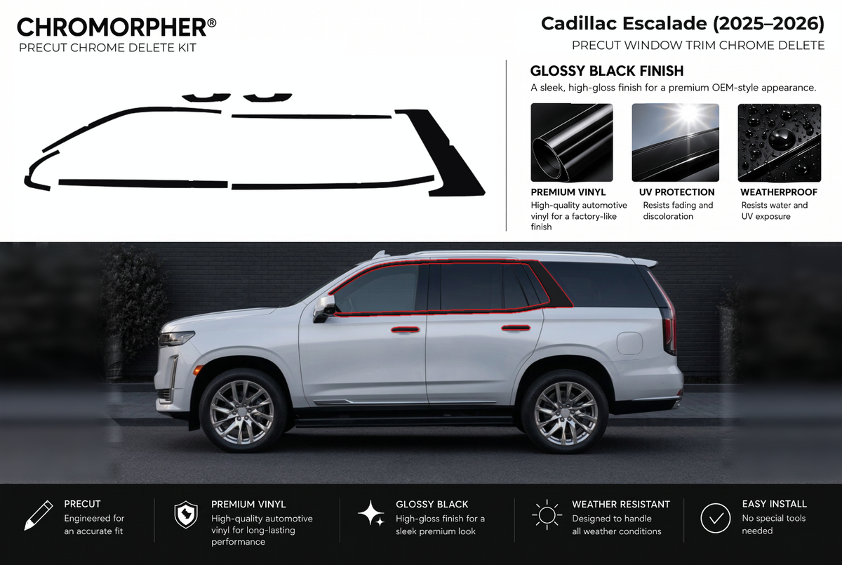 ChroMorpher Cadillac Escalade window trim precut chrome delete kit (2025–2026) showing the precut vinyl pieces and the trim area outlined in red.