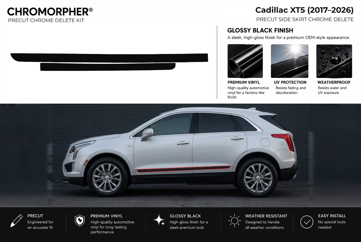 ChroMorpher Cadillac XT5 side skirts precut chrome delete kit (2017–2026) showing the precut vinyl pieces and the trim area outlined in red.
