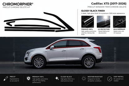 ChroMorpher Cadillac XT5 window trim precut chrome delete kit (2017–2026) showing the precut vinyl pieces and the trim area outlined in red.