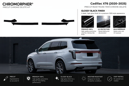 ChroMorpher Cadillac XT6 rear trunk precut chrome delete kit (2020–2025) showing the precut vinyl pieces and the trim area outlined in red.