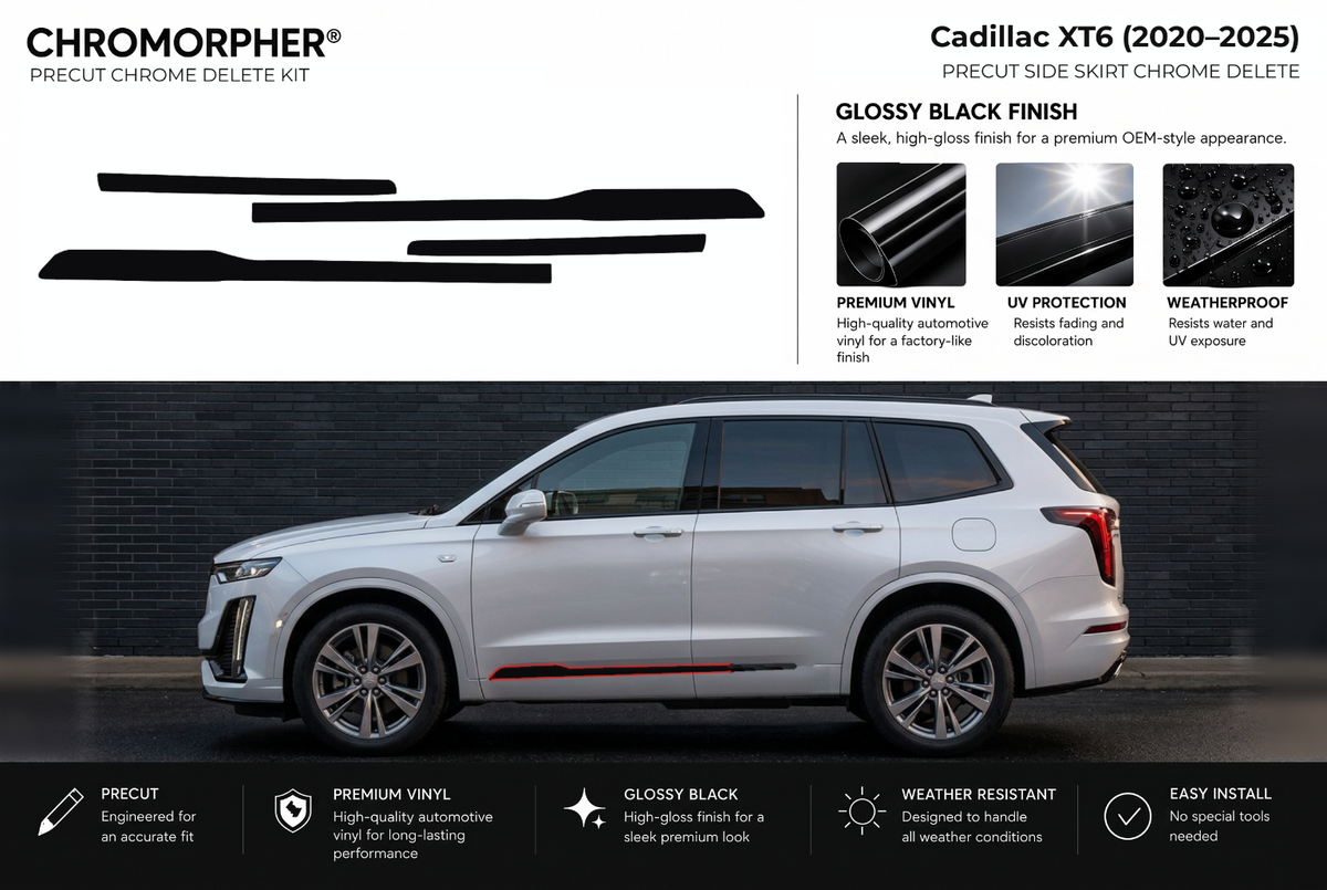 ChroMorpher Cadillac XT6 side skirts precut chrome delete kit (2020–2025) showing the precut vinyl pieces and the trim area outlined in red.